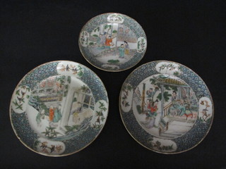 3 Canton famille vert porcelain plates, 1 f and r, 8" and 6"
