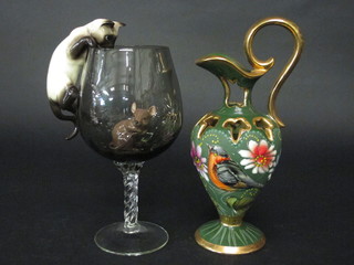 A Beswick figure of a Siamese cat and mouse contained in a  large goblet together with an Italian style pottery jug