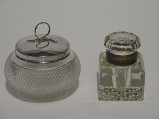 A square hobnail cut glass inkwell 2", a circular cut glass preserve jar and cover with silver plated lid