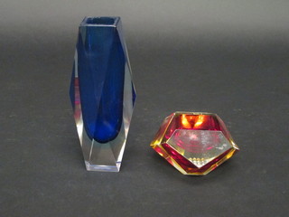 A blue faceted Art Glass vase 8" and an amber faceted  ashtray 3"