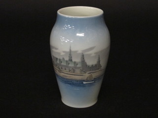 A Royal Copenhagen vase decorated a river with figure and  building, base marked 757170 6"