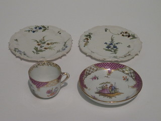 A Meissen style porcelain cabinet cup and saucer with floral decoration and 2 Quimper style dishes 5 1/2"