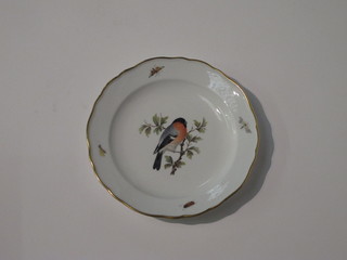 A Meissen style circular porcelain plate decorated a bird, the reverse with crossed sword mark and incised 357 8"