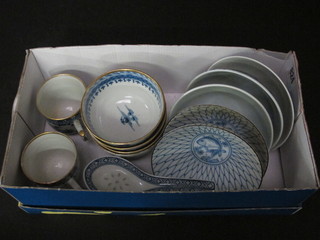 4 Oriental blue and white tea bowls, 2 do. coffee cans, 5 rice bowls, 6 spoons