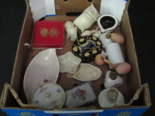 2 Crown Devon shaped dishes, a rectangular trinket box and  cover, various perfume atomisers etc