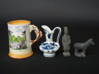 An Arthur Wood Sports Series tankard decorated a fishing scene,  a blue and white jug and 2 Oriental figures