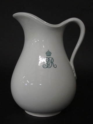 A George V white glazed Crescent china jug with Royal Cypher,  11"