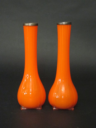 A pair of amber glass club shaped vases with silver mounts 10"