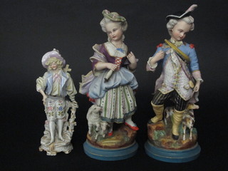 A pair of 19th Century biscuit porcelain figures of a standing boy  and girl 13" and a porcelain spill vase in the form of a boy, f and  r, 10"