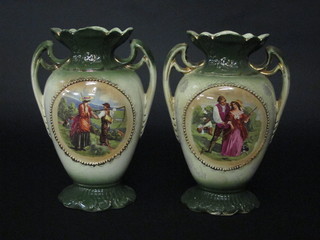 A pair of Edwardian twin handled pottery vases decorated Rural  Scenes 12"