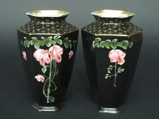 A pair of Burleighware octagonal black glazed vases, 1 cracked,  8"