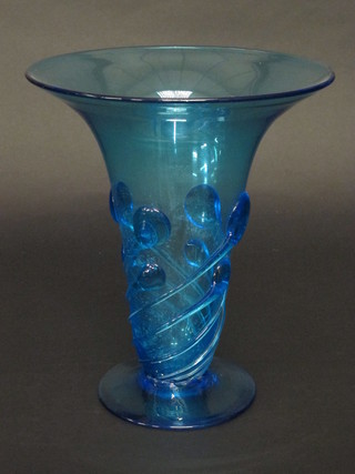 A blue Art Glass trumpet shaped vase 12"