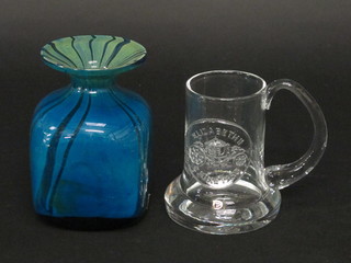 A square blue Mdina glass vase 6" together with a Dartington  Glass Queen's Silver Jubilee glass tankard