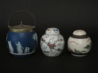 A Wedgwood blue Jasperware biscuit barrel with silver plated  mounts 5 1/2" together with 2 Oriental ginger jars and covers 5"