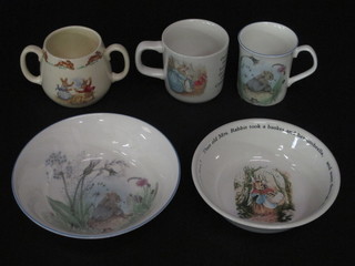 A Royal Doulton Bunnykins twin handled mug, a Wedgwood  Peter Rabbit Bowl, do. mug, together with an Elizabethan  pottery bowl and mug decorated mice
