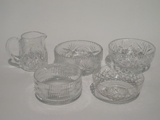 4 cut glass bowls 8" and a cut glass jug 5 1/2"