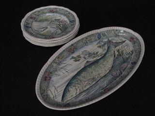 A 6 piece Spode green glazed fish set comprising 18" oval platter  and 5 plates 9"