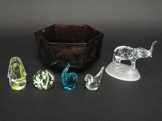 An octagonal amber glass bowl decorated King Fishers 9 1/2", 3 paperweights, 3 sculptures and a glass rose bowl