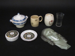 A green glazed plaster wall plaque in the form of a lady's head, a collection of various Coronation and commemorative mugs, a  part porcelain coffee service, various etched glasses including  custard glasses and wine glasses