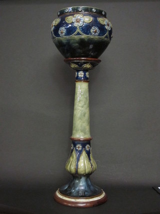 A Royal Doulton blue glazed jardiniere and stand the base impressed Royal Doulton 9043 40"