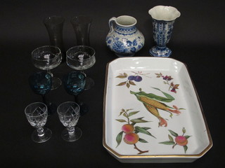 A Royal Worcester Evesham Gold dish 17", a blue and white jug  and a vase together with a collection of table glassware