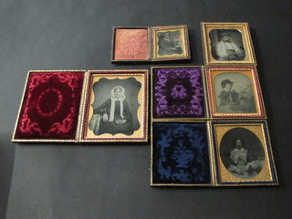2 early black and white photographs of seated ladies contained in leather frames 3" x 2" and 3 1/2" x 2 1/2", 3 early black and  white photographs - 2 ladies 2" x 1" and 3 oval together with 1  of a gentleman 3" x 2"