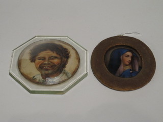 A circular portrait miniature of a young boy monogrammed S, 3"  and a porcelain panel decorated The Virgin Mary 2" oval,