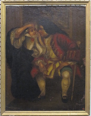 An 18th Century style oil on board "Interior Scene with Seated  Lady and Gentleman" 16 1/2" x 12"