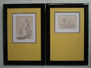Michael Belli, a pair of monochrome prints "Standing Peasant Figures" 8 1/2" x 6"