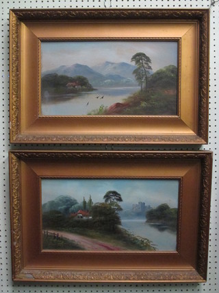 A pair of 19th Century oils on board "River Scene with Mountain Castle" 9" x 17"