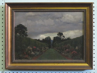 Alfred Parsons, oil on board "Formal Garden with Gardener",  the reverse with From Newmans 24 Soho Square, 9 1/2" x 13"