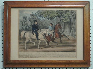 After H Heath Junior, a coloured print "The Impudent  Challenge" 9" x 12", contained in a maple frame