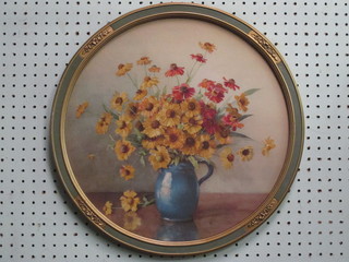 A coloured print, still life study "Vase of Daisies" 15" oval
