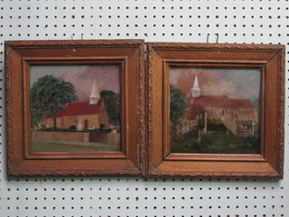 A pair of oil paintings on board "Churches" 7" x 7"