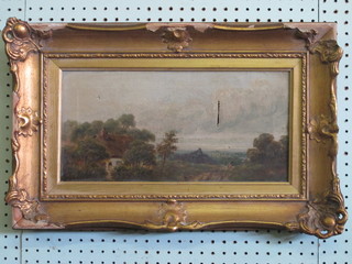 W S Henry, 19th Century oil on canvas "Rural Scene with Track  and Town in Distance" 8" x 16", tear to canvas