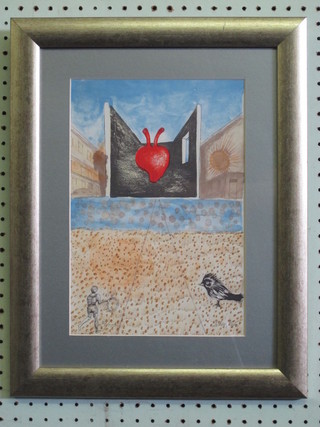 Jan Lebenstein, limited edition modern art coloured lithograph "Stylised Heart with Bird and Figure" 12" x 8 1/2"