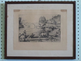 After Augustinee Lapaire, an etching "River with Bridge and Figures Bathing" 6" x 9"