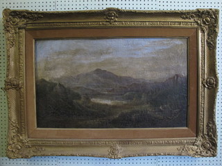 A 19th Century oil painting on canvas "Mountain Lake Scene" 17" x 30"