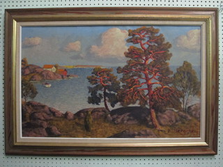 K Bergman, Swedish School impressionist oil on canvas "Bay  with Trees - Oregunds Sodra Skargard" 19" x 31"