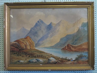 A Victorian naive watercolour drawing "Mountain Lake with Figures" 20" x 28"