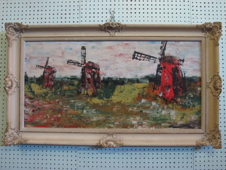 Manuel Quintamille, oil on board "Impressionist Study of  Windmills" 15" x 30"