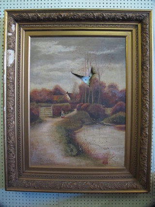 19th Century oil on canvas "Figure Walking by a Track" 27" x  19", holed, contained in a gilt frame