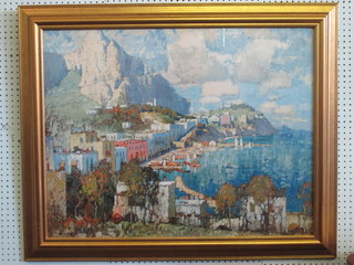 C Goibatoys, an impressionist coloured print "Mediterranean Bay with Buildings" 27" x 34"