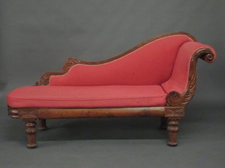 A William IV yew show frame chaise longue upholstered  in pink material, raised on turned and reeded supports 68"   ILLUSTRATED