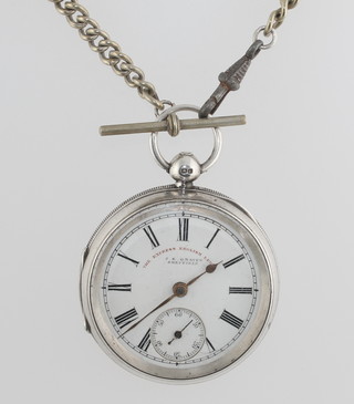 An open faced pocket watch by J G Graves of Sheffield contained  in a silver case and with a plated curb link chain