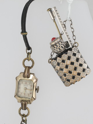 A gilt metal scent bottle brooch and a lady's Dreffa wristwatch