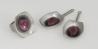 A pair of Georg Jensen earrings set cabouchon cut pink stone,  marked 220A together with a similar dress ring
