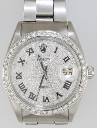 A gentleman's Rolex Precision wristwatch contained in a stainless steel case, the dial and bezel set diamonds