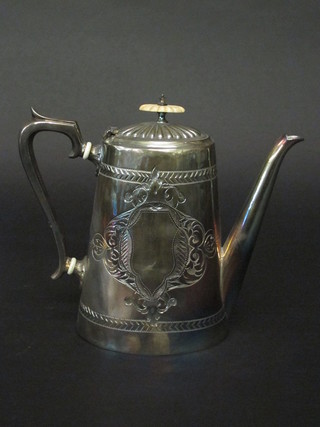 An oval engraved Britannia metal coffee pot with hinged lid