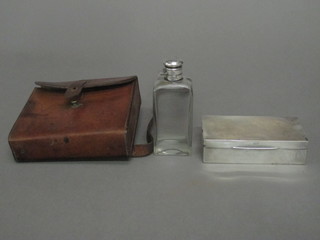 An Edwardian rectangular silver hunting sandwich box, 7 ozs by  A Garret & Sons Piccadilly, together with a glass flask with  plated mounts by Swayne & Bigs, contained in a leather carrying  case